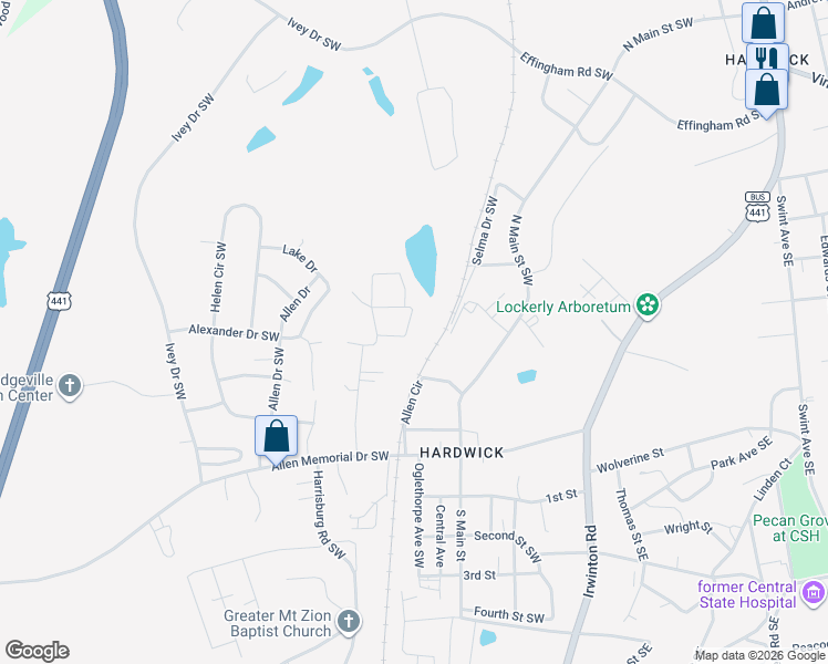 map of restaurants, bars, coffee shops, grocery stores, and more near 110 Ellis Street Southwest in Milledgeville