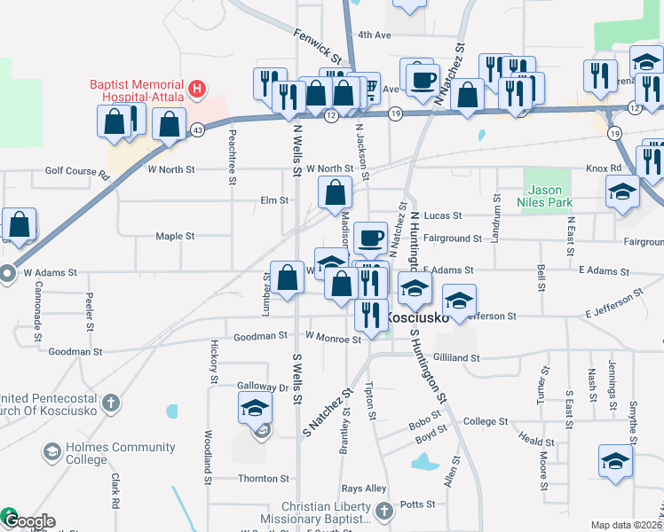 map of restaurants, bars, coffee shops, grocery stores, and more near 198 Boswell Street in Kosciusko