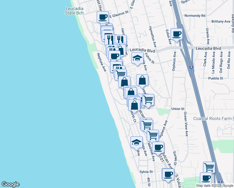 map of restaurants, bars, coffee shops, grocery stores, and more near 149 Basil Street in Encinitas
