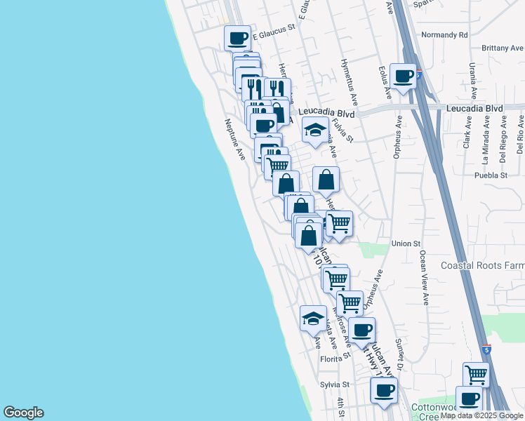 map of restaurants, bars, coffee shops, grocery stores, and more near 149 Basil Street in Encinitas