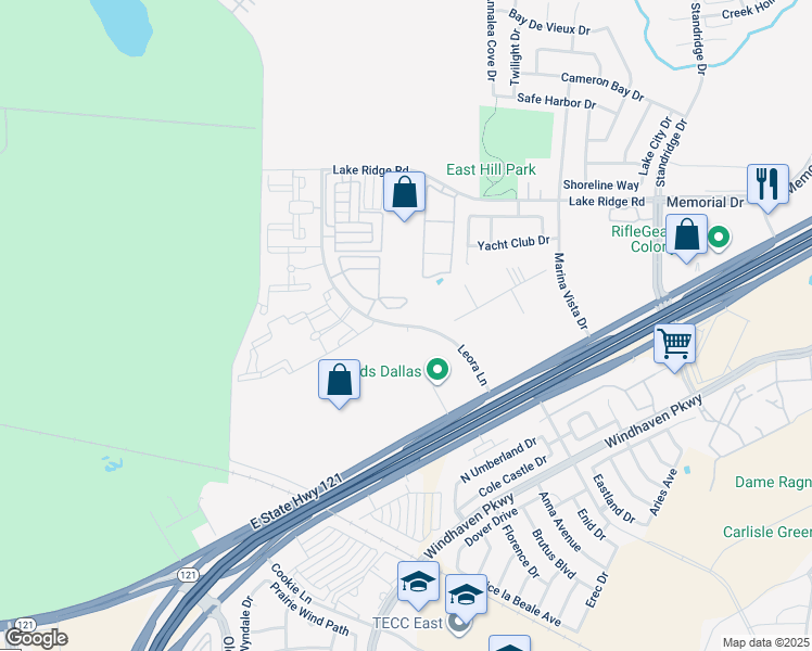 map of restaurants, bars, coffee shops, grocery stores, and more near Leora Lane in Lewisville