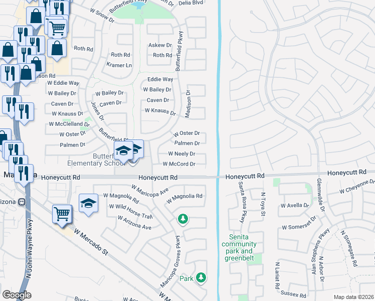 map of restaurants, bars, coffee shops, grocery stores, and more near 43341 Palmen Drive in Maricopa