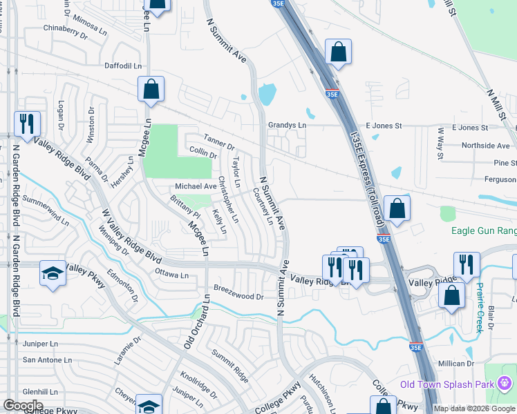 map of restaurants, bars, coffee shops, grocery stores, and more near 1173 Courtney Lane in Lewisville