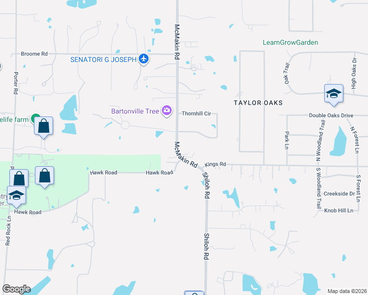 map of restaurants, bars, coffee shops, grocery stores, and more near 140 McMakin Road in Double Oak