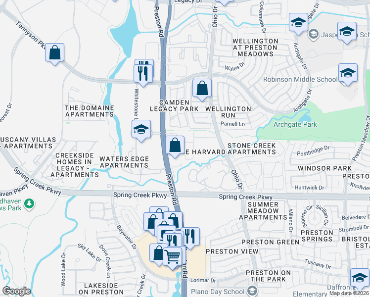 map of restaurants, bars, coffee shops, grocery stores, and more near 6421 Burbank Way in Plano