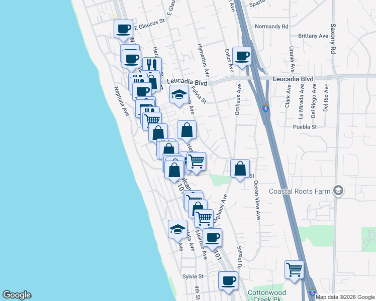 map of restaurants, bars, coffee shops, grocery stores, and more near 596 Hermes Avenue in Encinitas