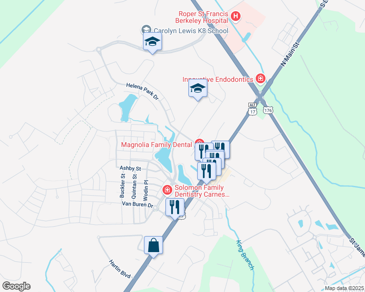 map of restaurants, bars, coffee shops, grocery stores, and more near 2nd Avenue in Goose Creek