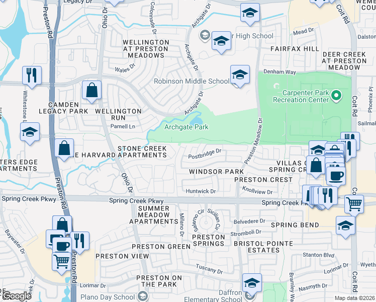 map of restaurants, bars, coffee shops, grocery stores, and more near 6408 Essex Lane in Plano