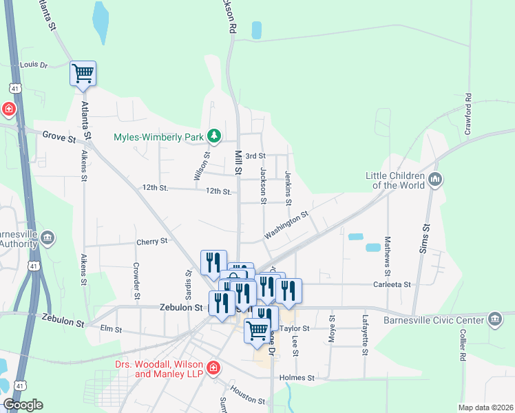 map of restaurants, bars, coffee shops, grocery stores, and more near 5 1st Street in Barnesville