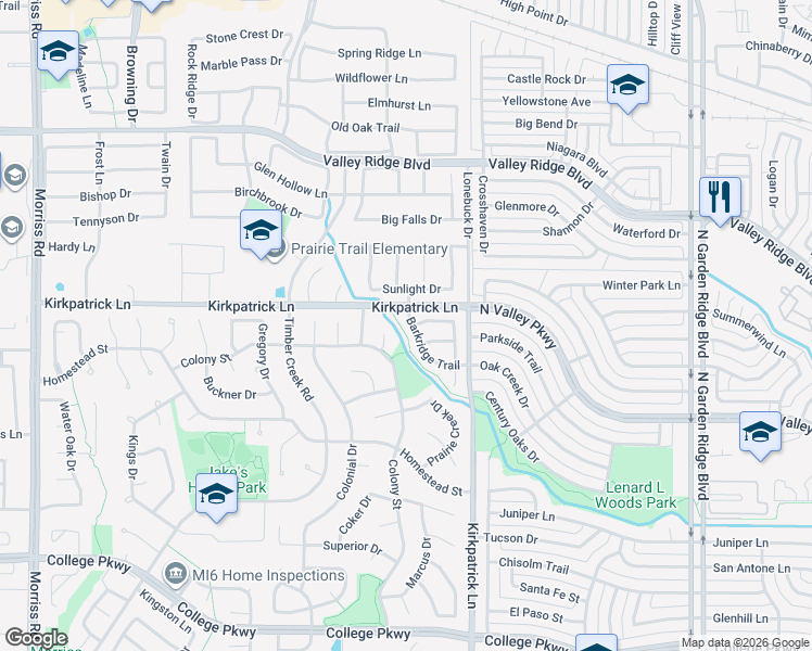 map of restaurants, bars, coffee shops, grocery stores, and more near 5429 Barkridge Trail in Flower Mound