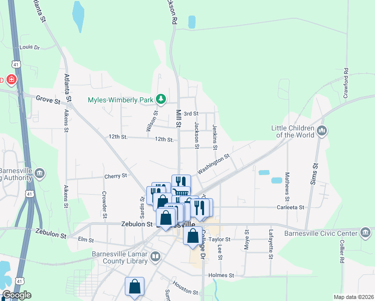 map of restaurants, bars, coffee shops, grocery stores, and more near 5 1st Street in Barnesville