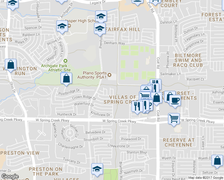 map of restaurants, bars, coffee shops, grocery stores, and more near 6408 Meadowview Court in Plano