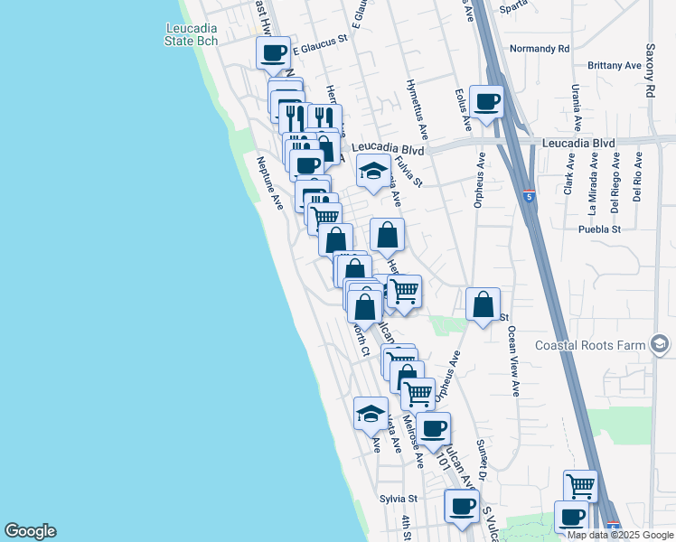 map of restaurants, bars, coffee shops, grocery stores, and more near 607 North Vulcan Avenue in Encinitas