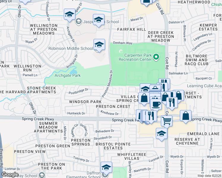 map of restaurants, bars, coffee shops, grocery stores, and more near 6409 Pavillion Court in Plano