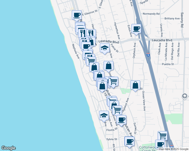 map of restaurants, bars, coffee shops, grocery stores, and more near North Coast Highway 101 in Encinitas