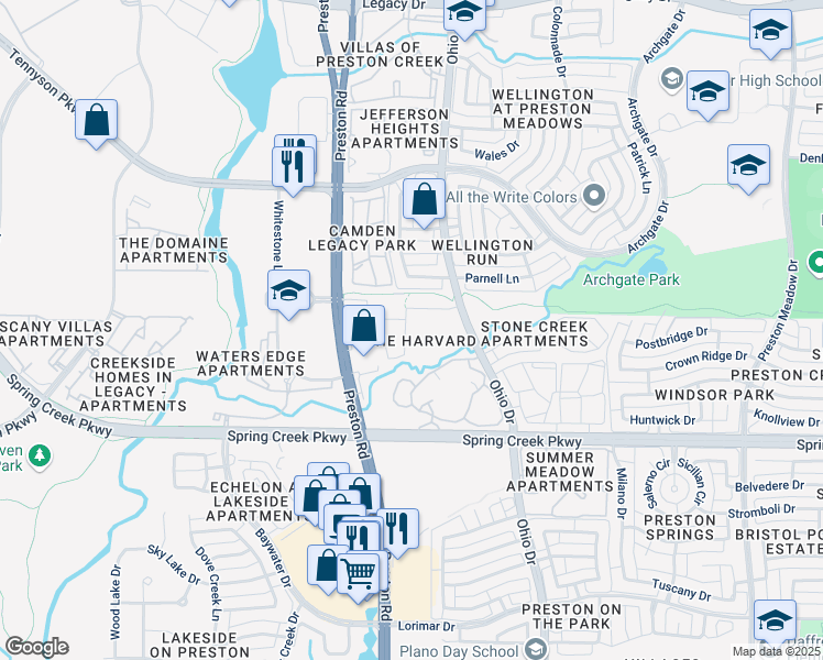 map of restaurants, bars, coffee shops, grocery stores, and more near 6412 Hermosa Drive in Plano