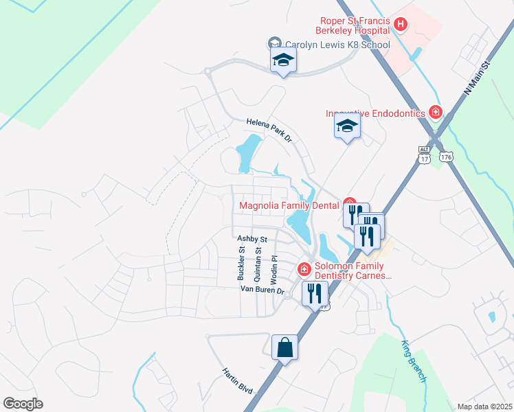 map of restaurants, bars, coffee shops, grocery stores, and more near 308 Garrison Street in Summerville