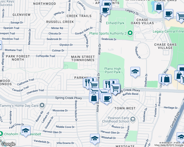 map of restaurants, bars, coffee shops, grocery stores, and more near 6417 Tyler Court in Plano