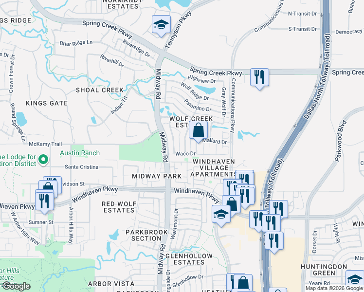map of restaurants, bars, coffee shops, grocery stores, and more near 6309 Connell Farm Dr in Plano