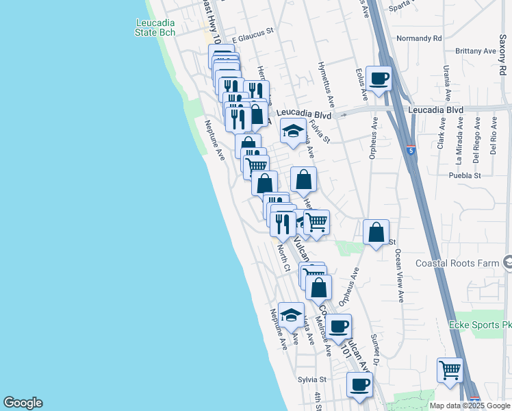 map of restaurants, bars, coffee shops, grocery stores, and more near 149 Basil Street in Encinitas