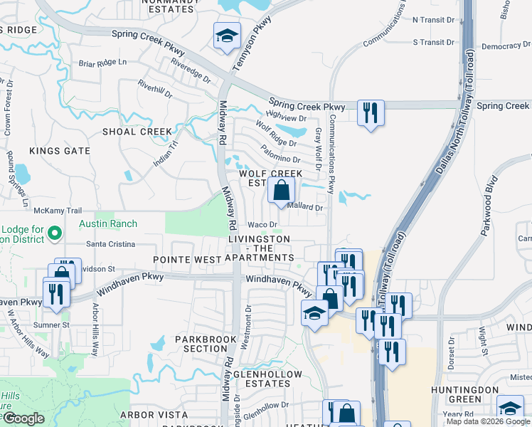 map of restaurants, bars, coffee shops, grocery stores, and more near 6309 Connell Farm Drive in Plano