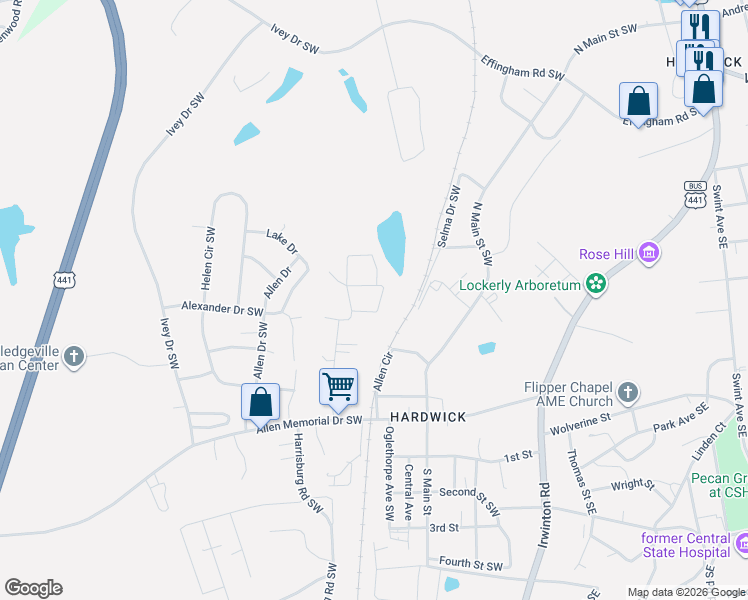 map of restaurants, bars, coffee shops, grocery stores, and more near 110 Ellis Street Southwest in Milledgeville