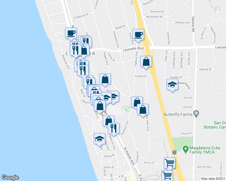 map of restaurants, bars, coffee shops, grocery stores, and more near 567 Hermes Avenue in Encinitas