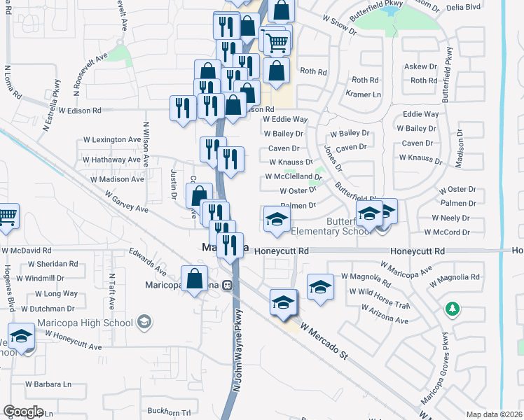 map of restaurants, bars, coffee shops, grocery stores, and more near 44459 Palmen Drive in Maricopa