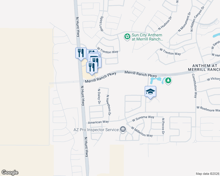 map of restaurants, bars, coffee shops, grocery stores, and more near 7860 West Desert Blossom Way in Florence