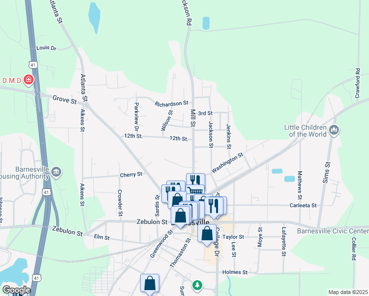map of restaurants, bars, coffee shops, grocery stores, and more near 108 12th Street in Barnesville