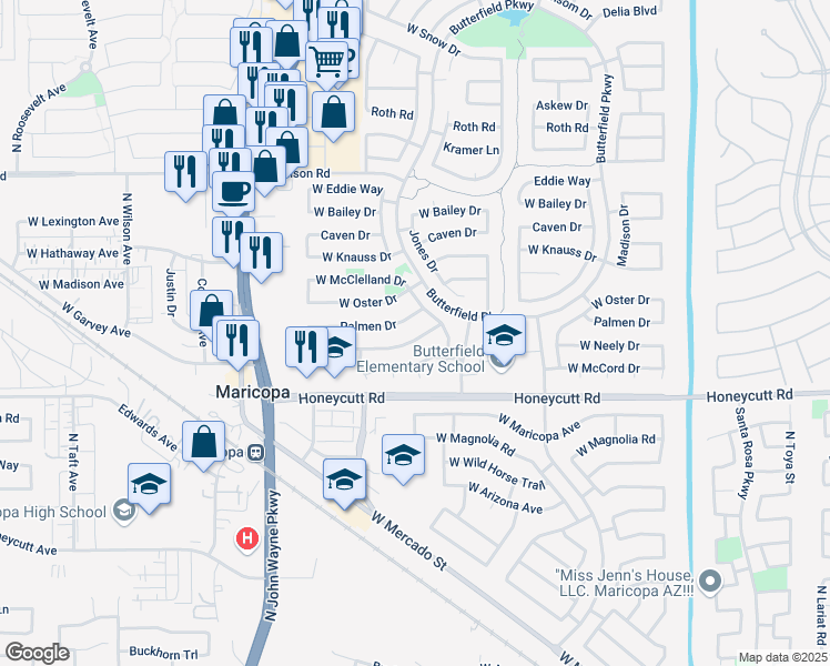 map of restaurants, bars, coffee shops, grocery stores, and more near 44090 West Neely Drive in Maricopa