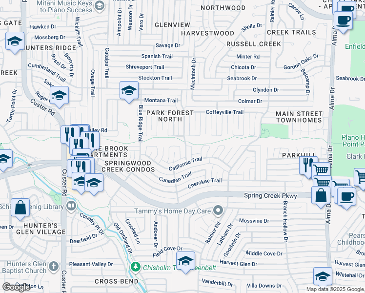 map of restaurants, bars, coffee shops, grocery stores, and more near 6409 Chinaberry Trail in Plano