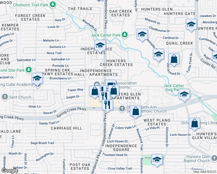map of restaurants, bars, coffee shops, grocery stores, and more near 6400 Independence Parkway in Plano