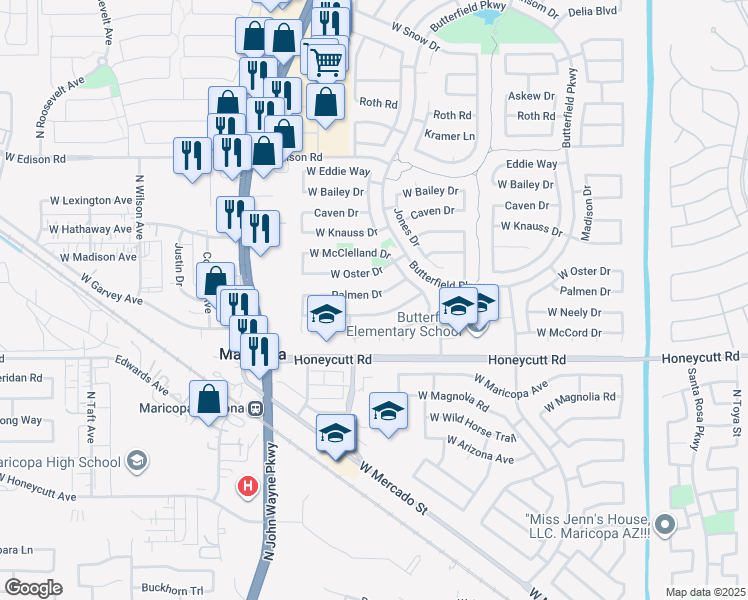 map of restaurants, bars, coffee shops, grocery stores, and more near 44177 Palmen Drive in Maricopa