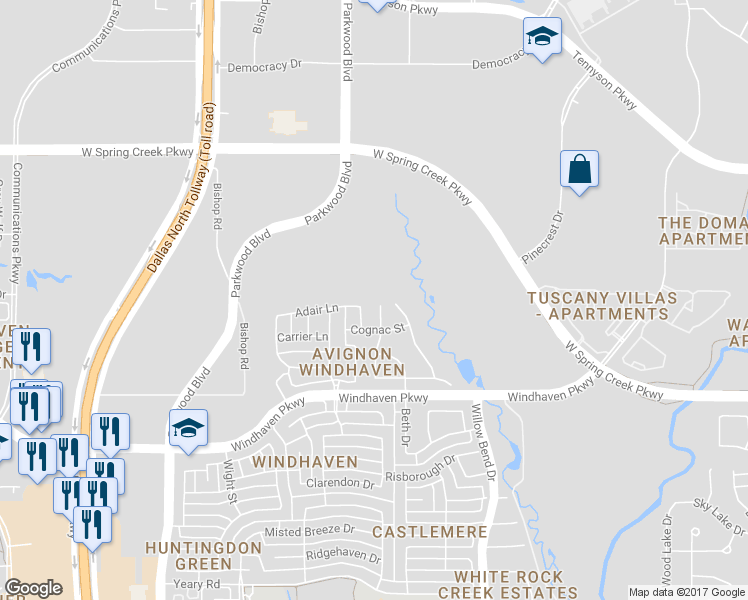 map of restaurants, bars, coffee shops, grocery stores, and more near 6217 Monte Cristo Lane in Plano