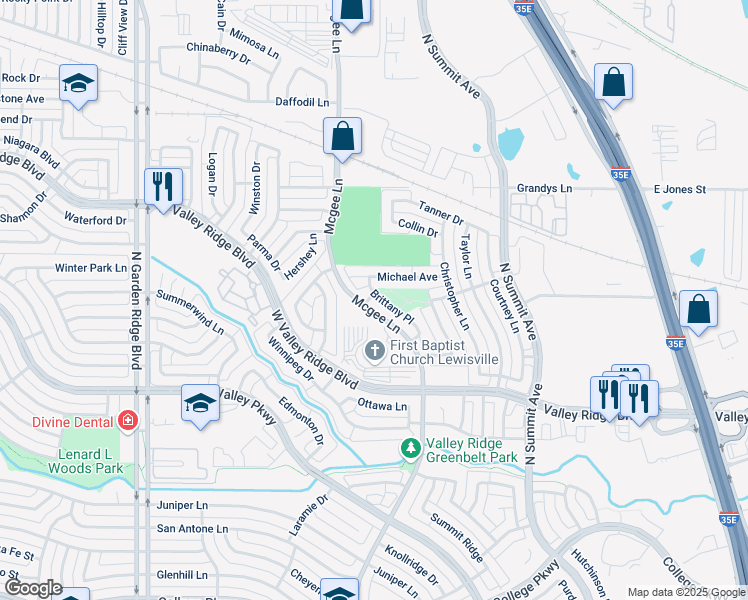 map of restaurants, bars, coffee shops, grocery stores, and more near 1160 Brittany Place in Lewisville