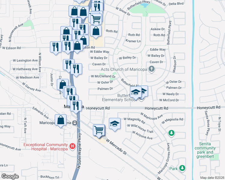 map of restaurants, bars, coffee shops, grocery stores, and more near 44177 Palmen Drive in Maricopa