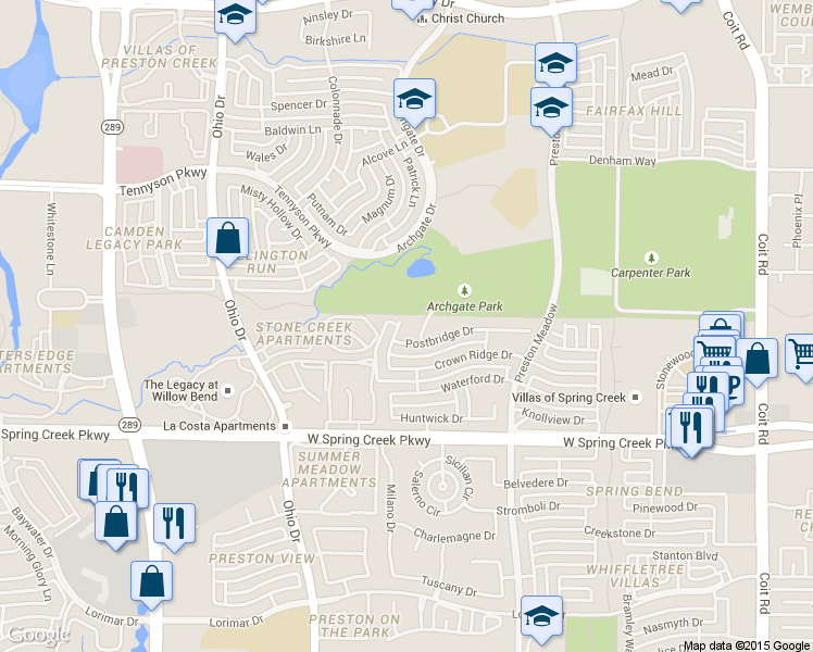 map of restaurants, bars, coffee shops, grocery stores, and more near 6408 Essex Lane in Plano