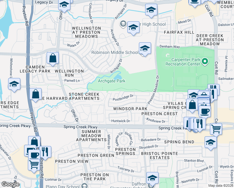 map of restaurants, bars, coffee shops, grocery stores, and more near 6408 Essex Lane in Plano