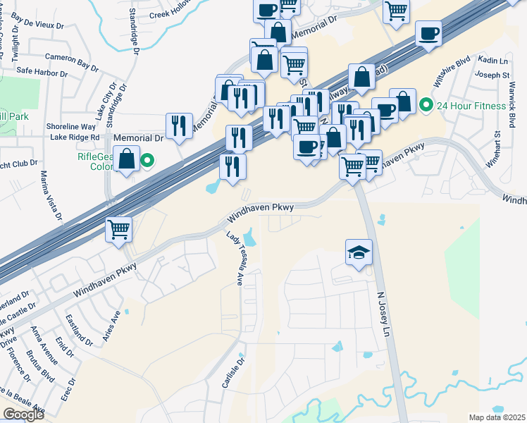 map of restaurants, bars, coffee shops, grocery stores, and more near 5393-5399 Crider Road in The Colony