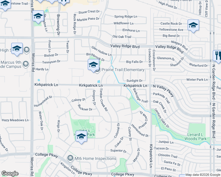 map of restaurants, bars, coffee shops, grocery stores, and more near 5421 Carriage Court in Lewisville