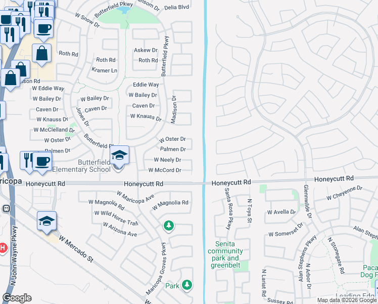 map of restaurants, bars, coffee shops, grocery stores, and more near 43211 Palmen Drive in Maricopa