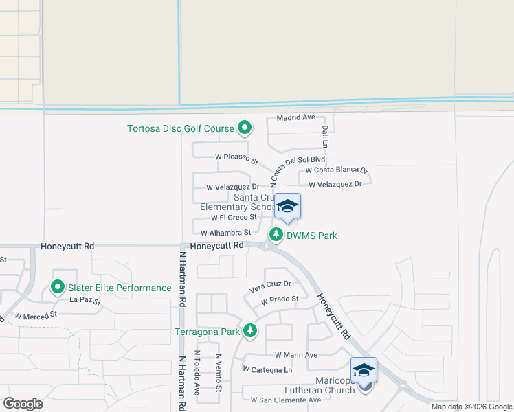 map of restaurants, bars, coffee shops, grocery stores, and more near 36259 West Bilbao Street in Maricopa