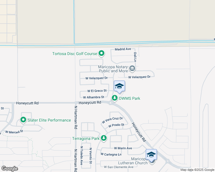 map of restaurants, bars, coffee shops, grocery stores, and more near 36259 West Bilbao Street in Maricopa