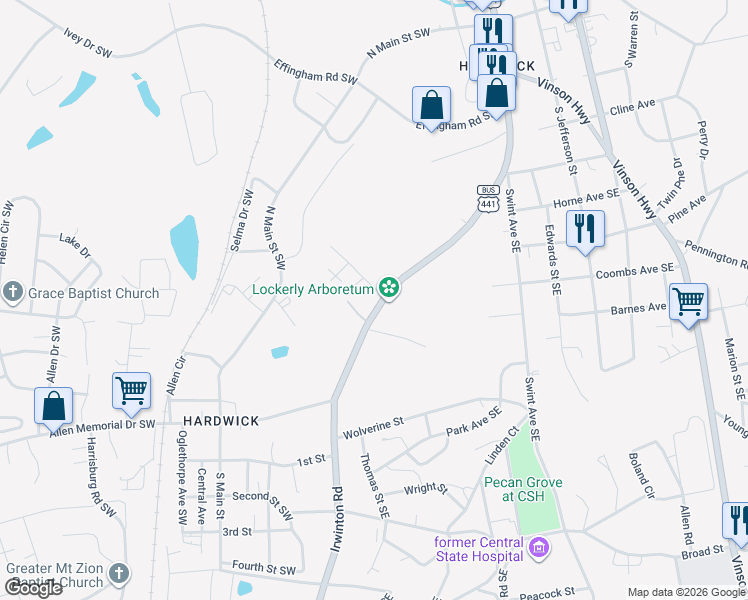 map of restaurants, bars, coffee shops, grocery stores, and more near 1615 Irwinton Road in Milledgeville