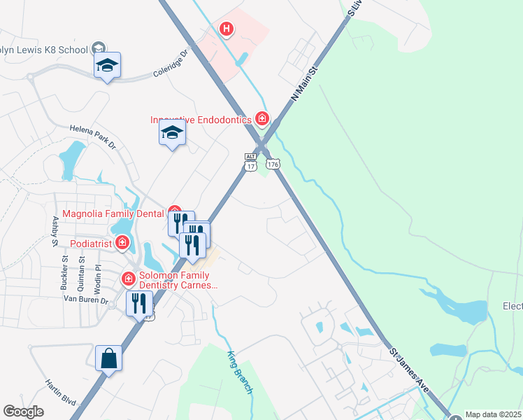map of restaurants, bars, coffee shops, grocery stores, and more near 2831 North Main Street in Summerville