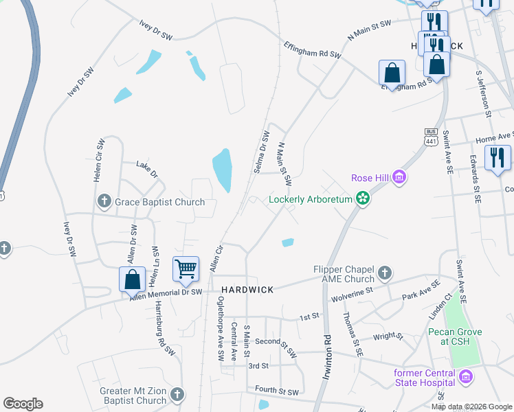 map of restaurants, bars, coffee shops, grocery stores, and more near 225 Carter Place Southwest in Milledgeville