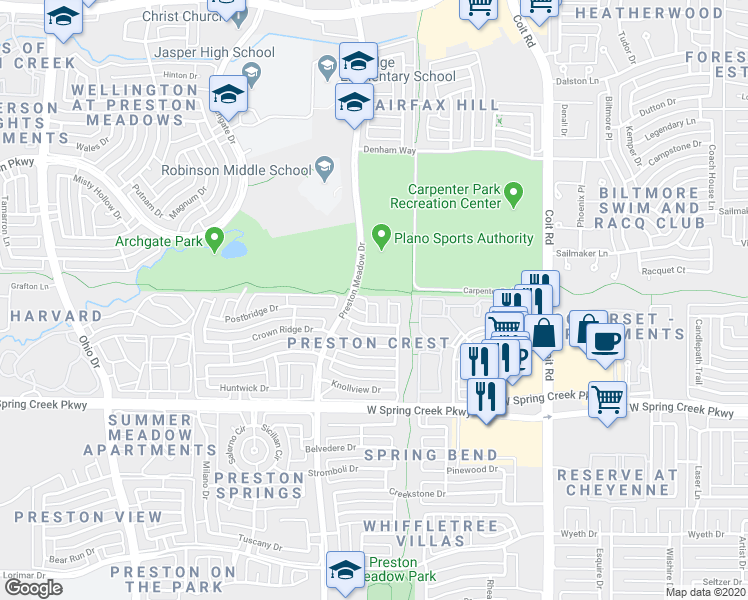 map of restaurants, bars, coffee shops, grocery stores, and more near 6409 Pavillion Court in Plano