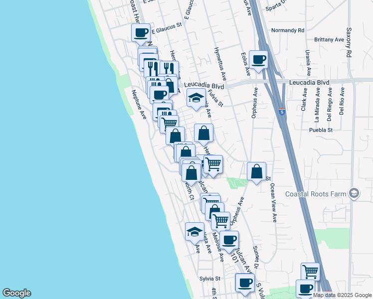 map of restaurants, bars, coffee shops, grocery stores, and more near 607 North Vulcan Avenue in Encinitas