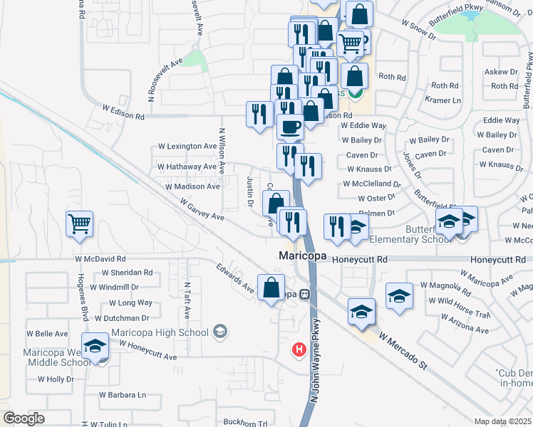 map of restaurants, bars, coffee shops, grocery stores, and more near 19857 Justin Drive in Maricopa